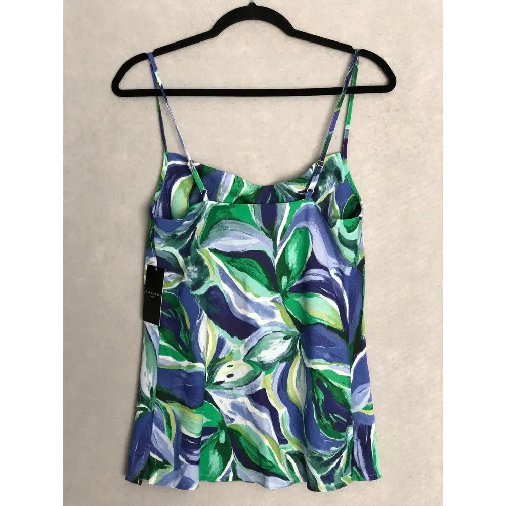 Tahari ASL Printed Draped-Front Sleeveless Top Pacific Blue Women's Large NEW